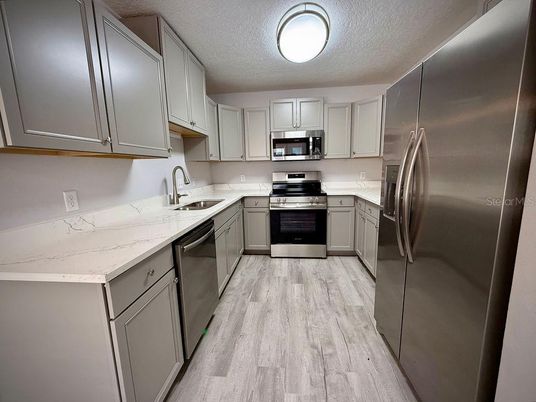 Interior, Kitchen, Stainless Steel Appliances, Wood Texture Flooring