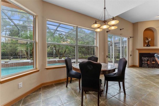 Dining room, Fireplace, Glass Ceilings, Interior, Pendant Lights, Sun Room