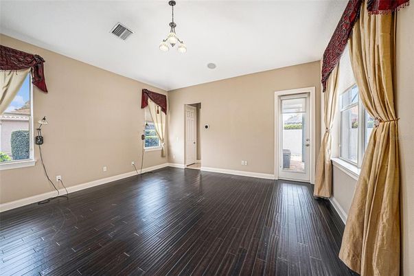 Chandelier, Empty room, Interior, Pendant Lights, Wood Texture Flooring