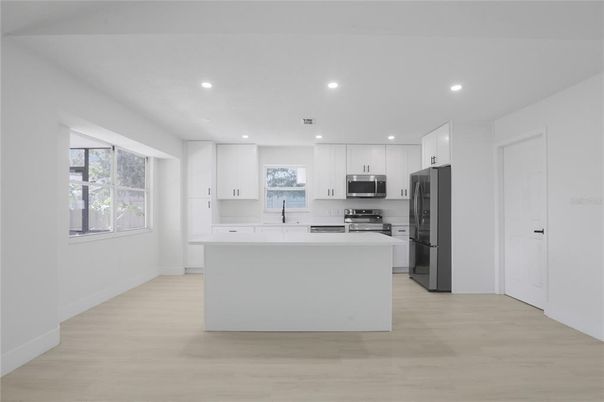 Interior, Kitchen, Recessed Lighting, Stainless Steel Appliances, Wood Texture Flooring