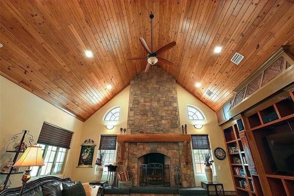 Fireplace, Interior, Recessed Lighting, Wooden Ceilings