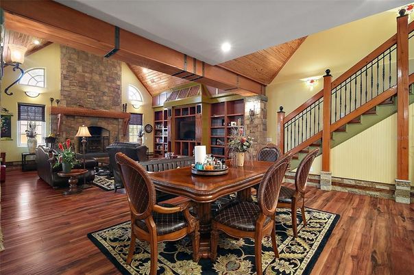 Dining room, Fireplace, Interior, Living room, Recessed Lighting, Stone Walls, Wooden Beams, Wooden Ceilings, Wood Texture Flooring