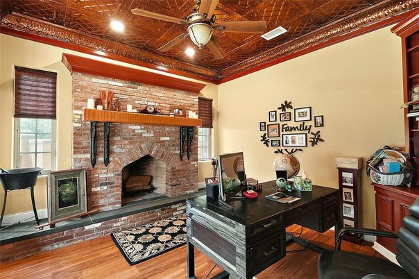 Fireplace, Home Office, Interior, Recessed Lighting, Stone Walls, Wood Texture Flooring