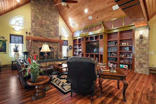 Fireplace, Home Office, Interior, Living room, Recessed Lighting, Stone Walls, Wooden Ceilings, Wood Texture Flooring
