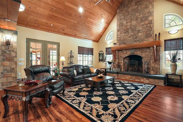 Fireplace, Interior, Living room, Recessed Lighting, Stone Walls, Wooden Ceilings, Wood Texture Flooring