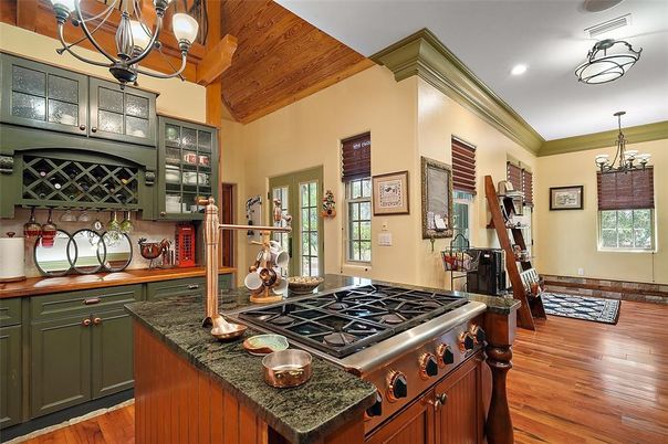 Chandelier, Interior, Kitchen, Recessed Lighting, Wooden Ceilings, Wood Texture Flooring