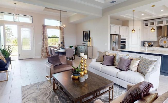 Chandelier, Dining room, Interior, Kitchen, Living room, Pendant Lights, Recessed Lighting, Stainless Steel Appliances