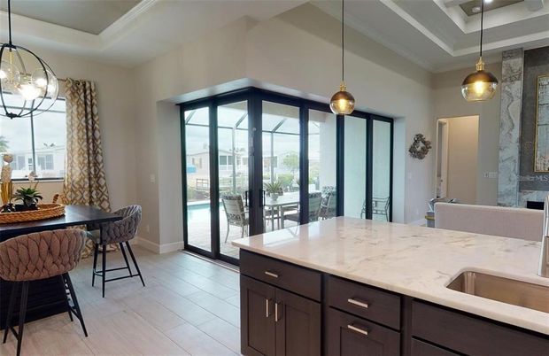 Dining room, Interior, Pendant Lights, Wood Texture Flooring