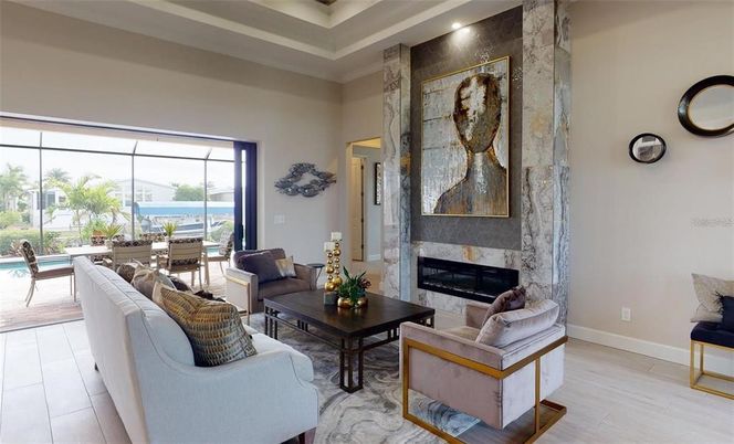 Fireplace, Interior, Living room, Recessed Lighting, Water, Wood Texture Flooring