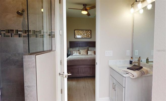 Bathroom, Bedroom, Glass Shower, Interior, Wood Texture Flooring