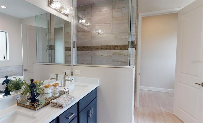 Bathroom, Dual Sink Vanities, Glass Shower, Interior, Recessed Lighting, Wood Texture Flooring