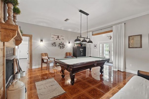 Billiard Table, Game Room, Interior, Pendant Lights, Wood Texture Flooring