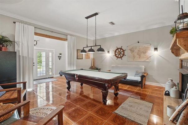 Billiard Table, Chandelier, Game Room, Interior, Pendant Lights, Wood Texture Flooring