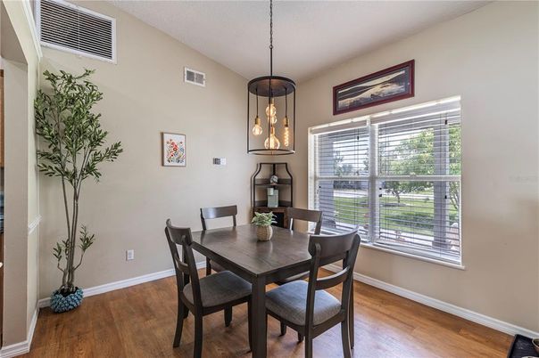 Dining room, Interior, Pendant Lights, Wood Texture Flooring
