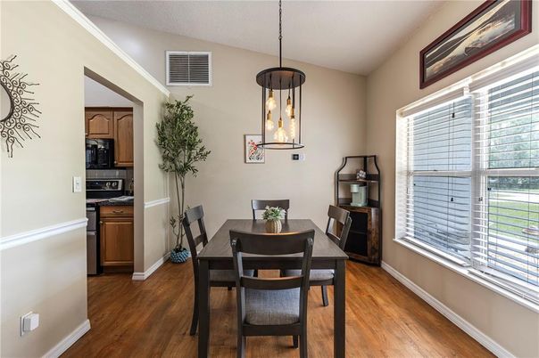 Dining room, Interior, Pendant Lights, Wood Texture Flooring