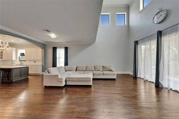 Chandelier, Interior, Kitchen, Living room, Recessed Lighting, Wood Texture Flooring