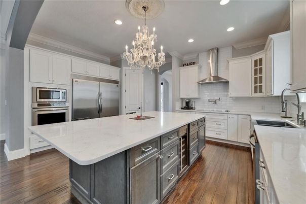 Chandelier, Interior, Kitchen, Recessed Lighting, Stainless Steel Appliances, Wood Texture Flooring