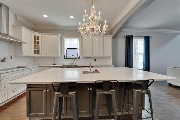 Chandelier, Interior, Kitchen, Recessed Lighting, Wood Texture Flooring