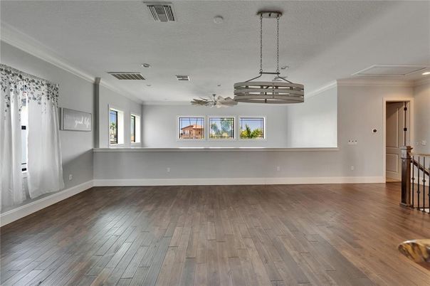 Empty room, Interior, Pendant Lights, Recessed Lighting, Wood Texture Flooring