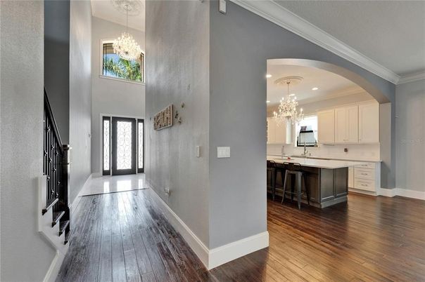 Chandelier, Interior, Kitchen, Recessed Lighting, Wood Texture Flooring