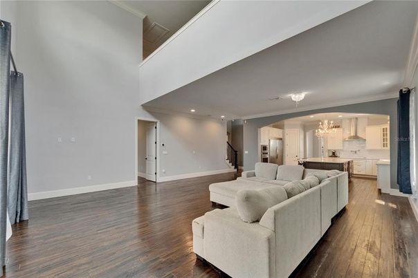 Chandelier, Interior, Kitchen, Living room, Recessed Lighting, Wood Texture Flooring