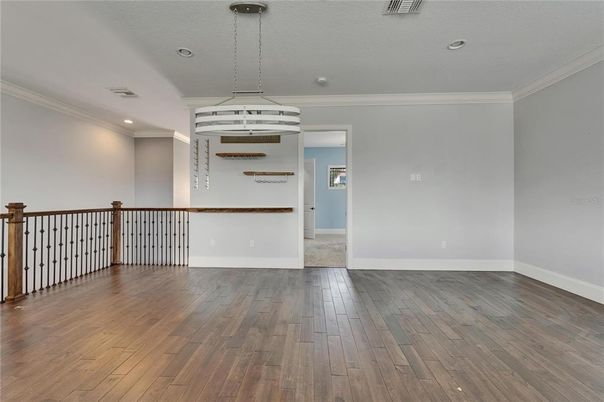 Empty room, Interior, Pendant Lights, Recessed Lighting, Wood Texture Flooring