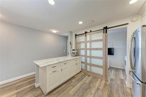 Interior, Kitchen, Recessed Lighting, Wood Texture Flooring