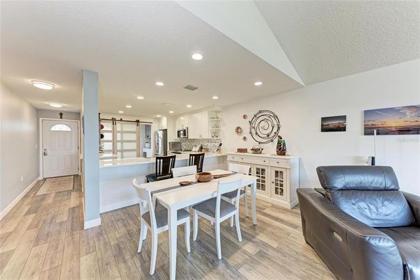 Dining room, Interior, Kitchen, Recessed Lighting, Wood Texture Flooring
