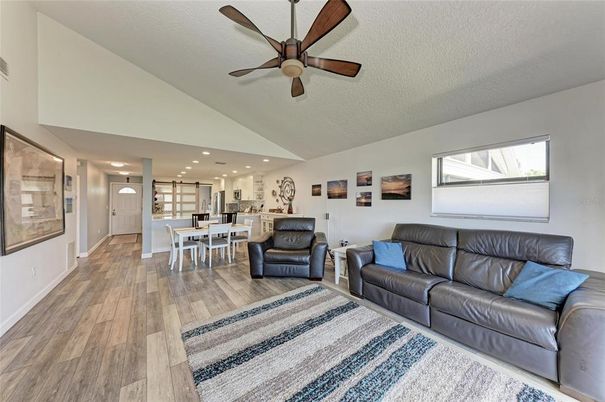 Dining room, Interior, Kitchen, Living room, Recessed Lighting, Wood Texture Flooring