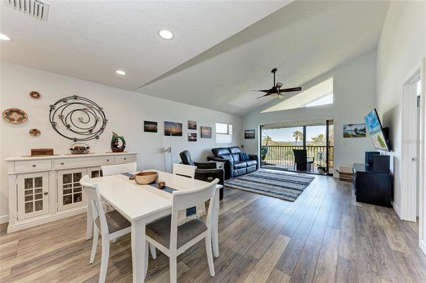 Dining room, Interior, Living room, Recessed Lighting, Wood Texture Flooring