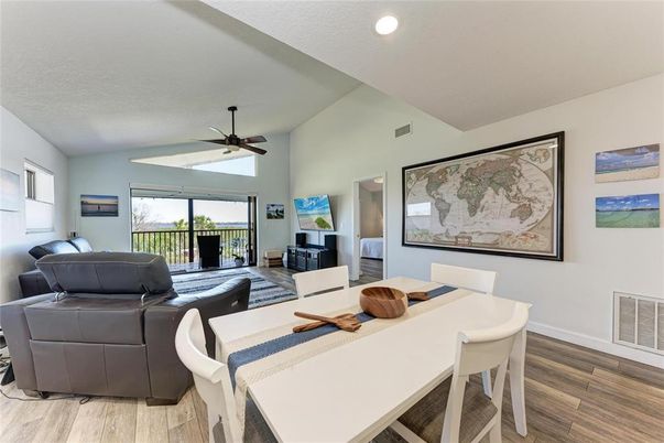 Dining room, Interior, Living room, Recessed Lighting, Wood Texture Flooring