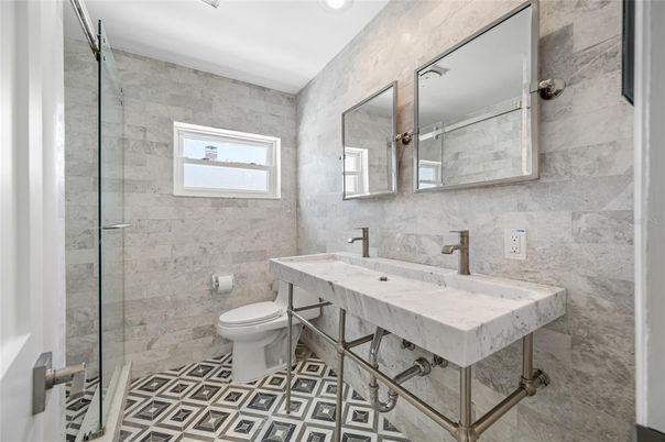 Bathroom, Glass Shower, Interior, Marble Walls, Recessed Lighting