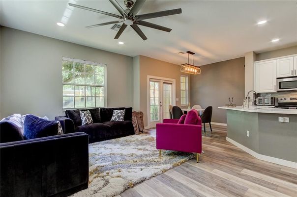 Interior, Kitchen, Living room, Pendant Lights, Recessed Lighting, Stainless Steel Appliances, Wood Texture Flooring
