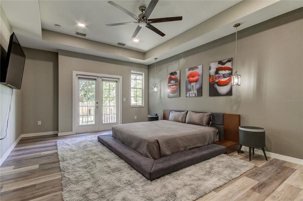 Bedroom, Interior, Pendant Lights, Recessed Lighting, Wood Texture Flooring