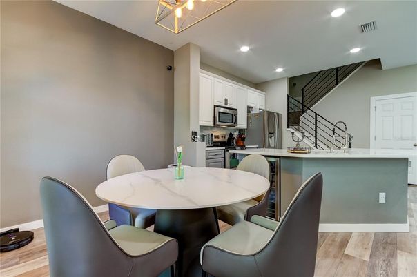 Dining room, Interior, Kitchen, Recessed Lighting, Wood Texture Flooring