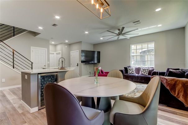 Dining room, Interior, Kitchen, Living room, Recessed Lighting, Wood Texture Flooring