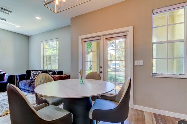 Dining room, Interior, Recessed Lighting, Wood Texture Flooring