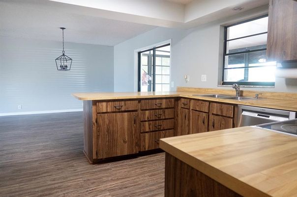 Interior, Kitchen, Pendant Lights, Wood Texture Flooring