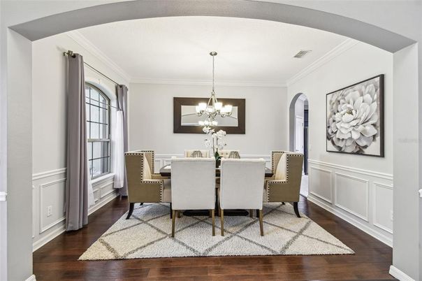 Dining room, Interior, Pendant Lights, Wood Texture Flooring