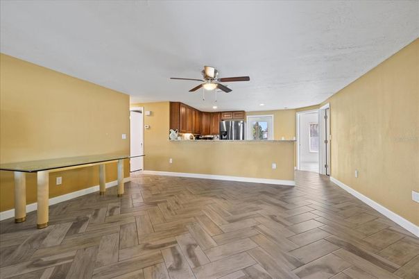 Empty room, Interior, Kitchen, Recessed Lighting, Wood Texture Flooring