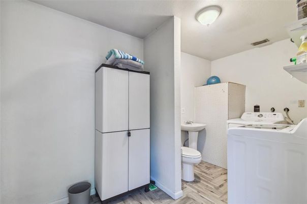 Bathroom, Interior, Washer, Wood Texture Flooring