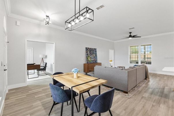 Dining room, Interior, Living room, Pendant Lights, Wood Texture Flooring