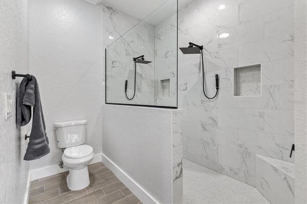 Bathroom, Interior, Marble Walls, Wood Texture Flooring