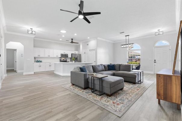 Interior, Kitchen, Living room, Pendant Lights, Recessed Lighting, Stainless Steel Appliances, Wood Texture Flooring