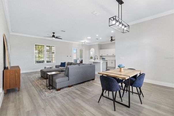Dining room, Interior, Kitchen, Living room, Pendant Lights, Recessed Lighting, Wood Texture Flooring