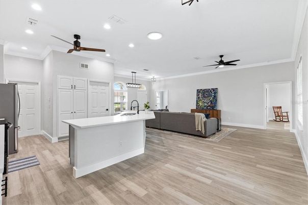 Interior, Kitchen, Living room, Pendant Lights, Recessed Lighting, Wood Texture Flooring