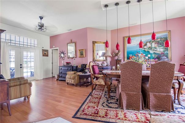 Dining room, Interior, Pendant Lights, Wood Texture Flooring