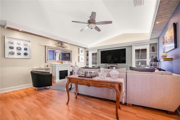 Fireplace, Interior, Living room, Recessed Lighting, Wood Texture Flooring