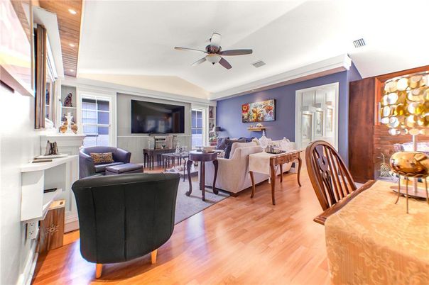 Dining room, Interior, Living room, Recessed Lighting, Wood Texture Flooring