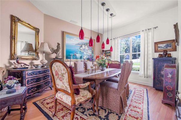 Dining room, Interior, Pendant Lights, Wood Texture Flooring